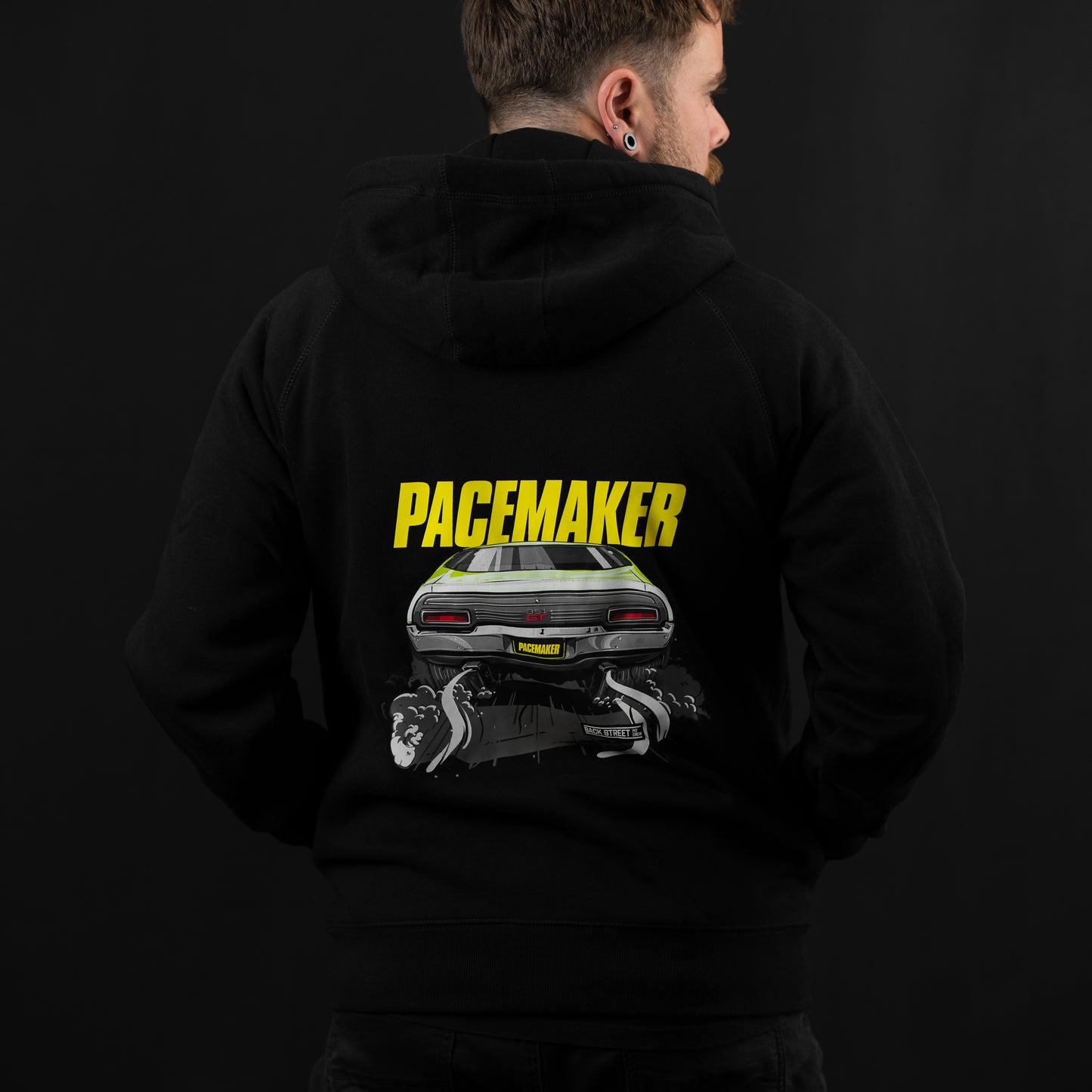 Black Pacemaker Hoodie featuring 1972 Ford Falcon XA GT 2 door hard top in Lime Green
