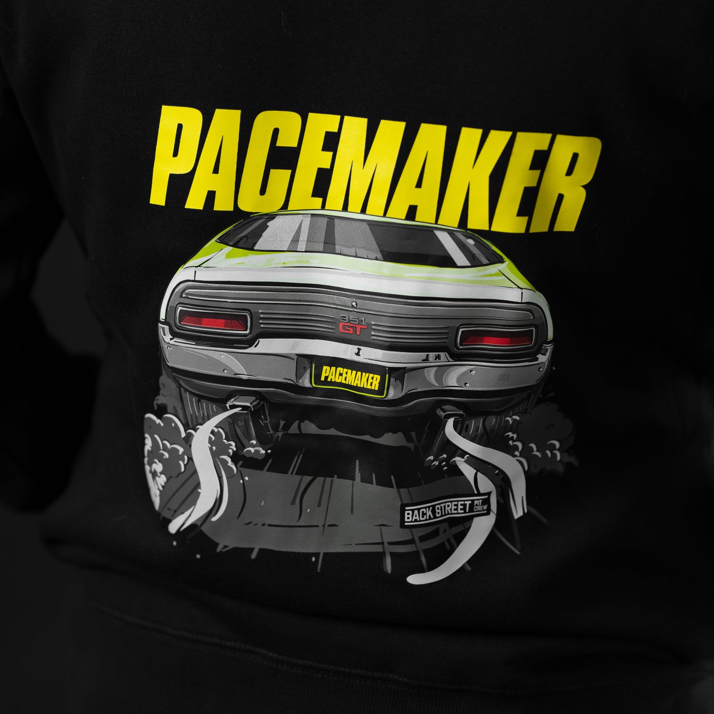 Black Pacemaker Hoodie featuring 1972 Ford Falcon XA GT 2 door hard top in Lime Green