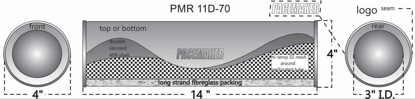 Pacemaker Resonator Round Double Skin Lock Seam 409 SS 14" Long x 4" Wide 3" Single Entry 3" Single Exit