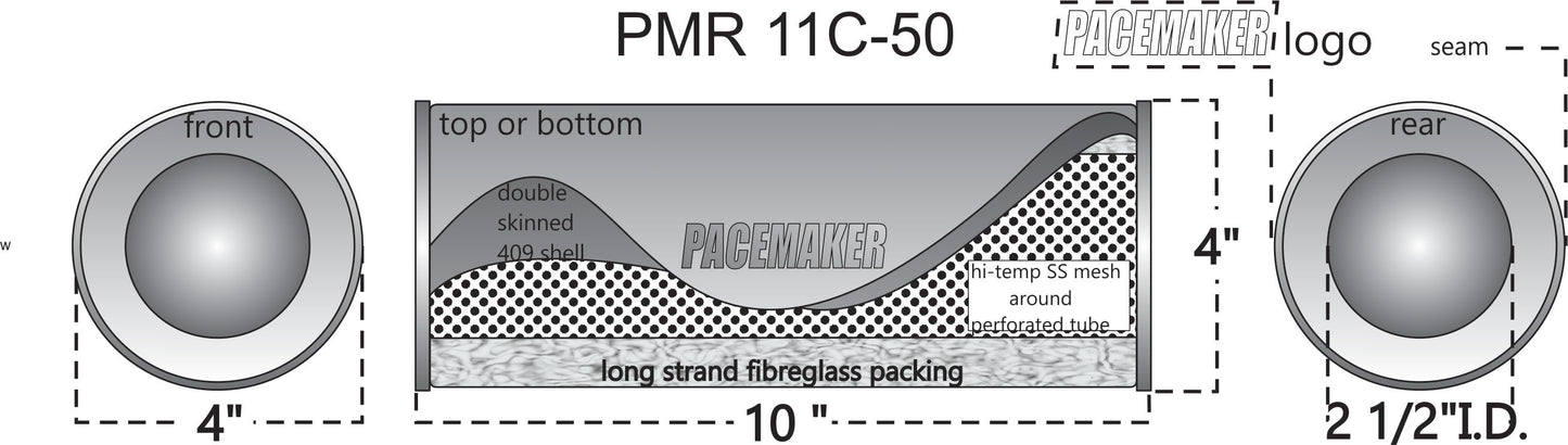 Pacemaker Resonator Round Double Skin Lock Seam 409 SS 10" Long x 4" Wide 2 1/2" Single Entry 2 1/2" Single Exit