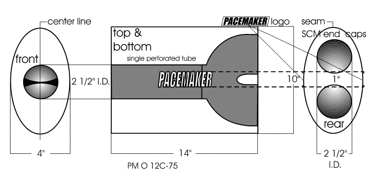 Pacemaker Muffler Oval 409 SS 14" Long x 10" Wide X 4" Tall 2 1/2" Single Entry 2 1/2" Twin Exit Double Skin