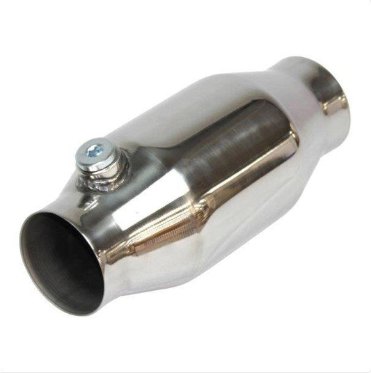 200 Cell Bullet cats -Polished Bullet, Petrol Round Metallic Catalytic Converter - Euro II, Inlet/Outlet Diameter 76mm(3"), 190mm Long With Oxygen sensor Nut & Plug, Race use only