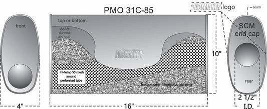 Pacemaker Oval Centre/Offset muffler Double Skin Lock Seam 409 SS 16" Long x 10" Wide x 4" Tall 2 1/2" Single Offset Entry  2 1/2" Single Centre Exit